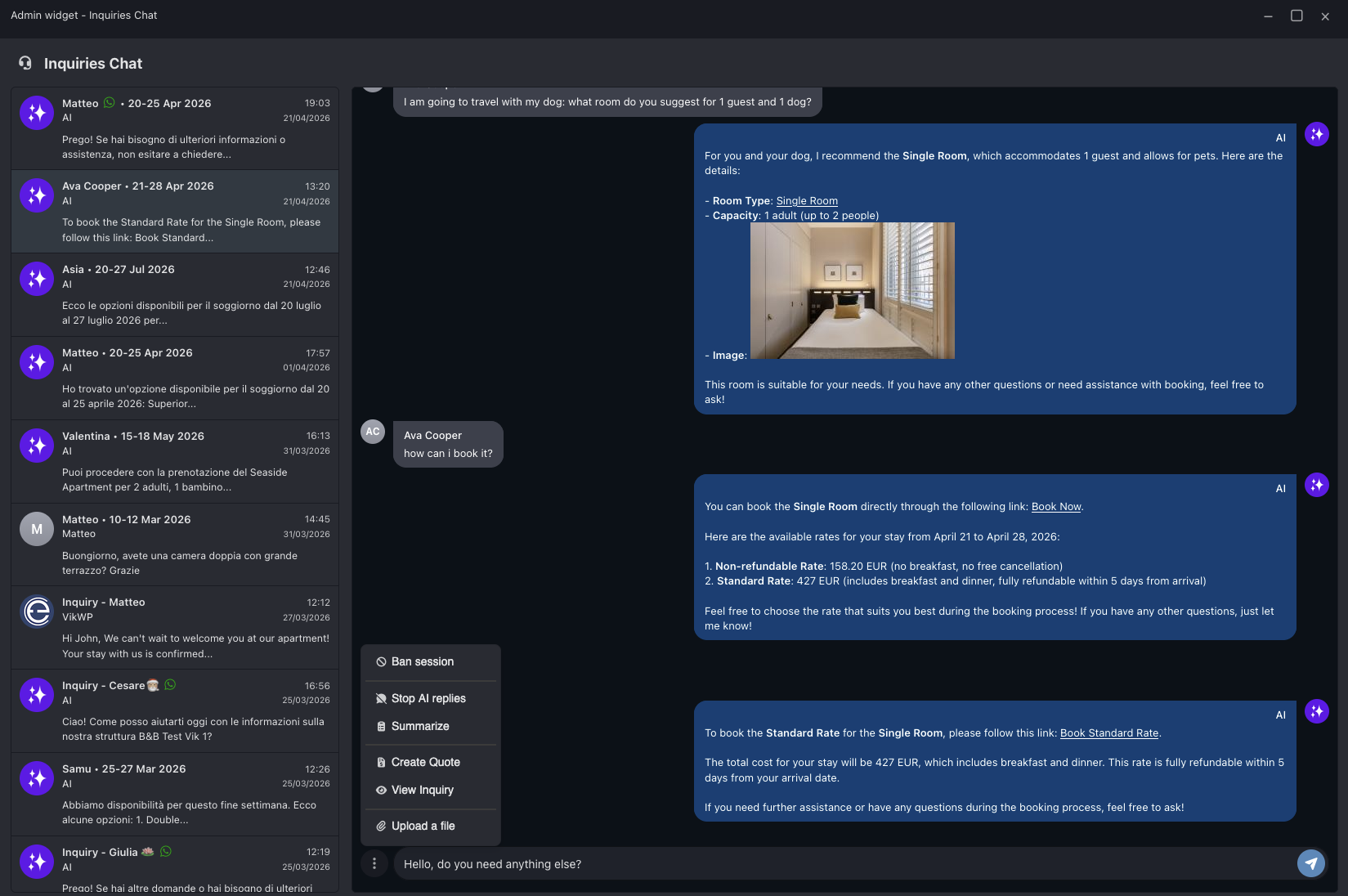 VikBooking Inquiry Chat Live