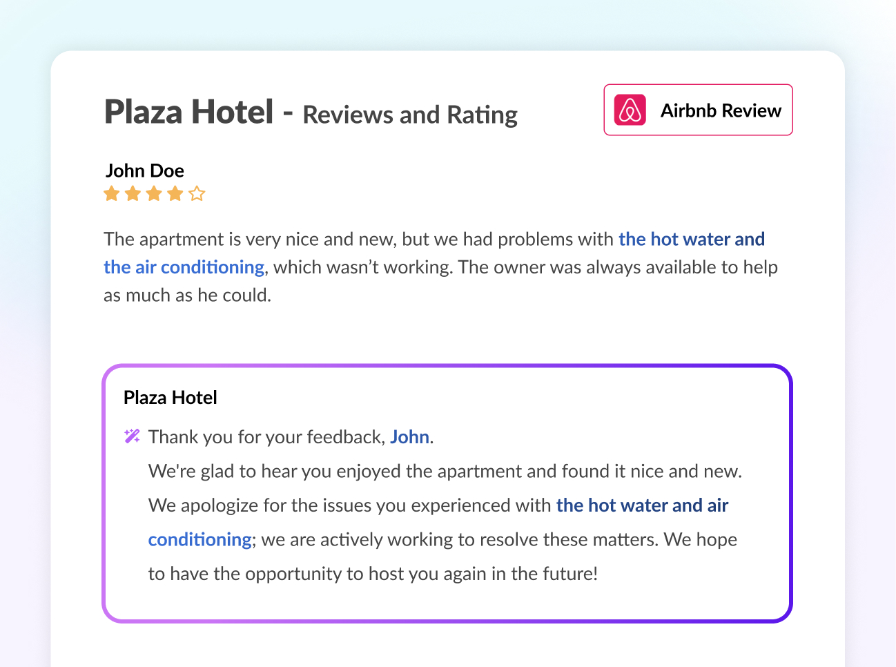 e4jConnect with ChatGPT – Example of an automated guest review e4jConnect showing ChatGPT integration for automated guest reviews in a vacation rental