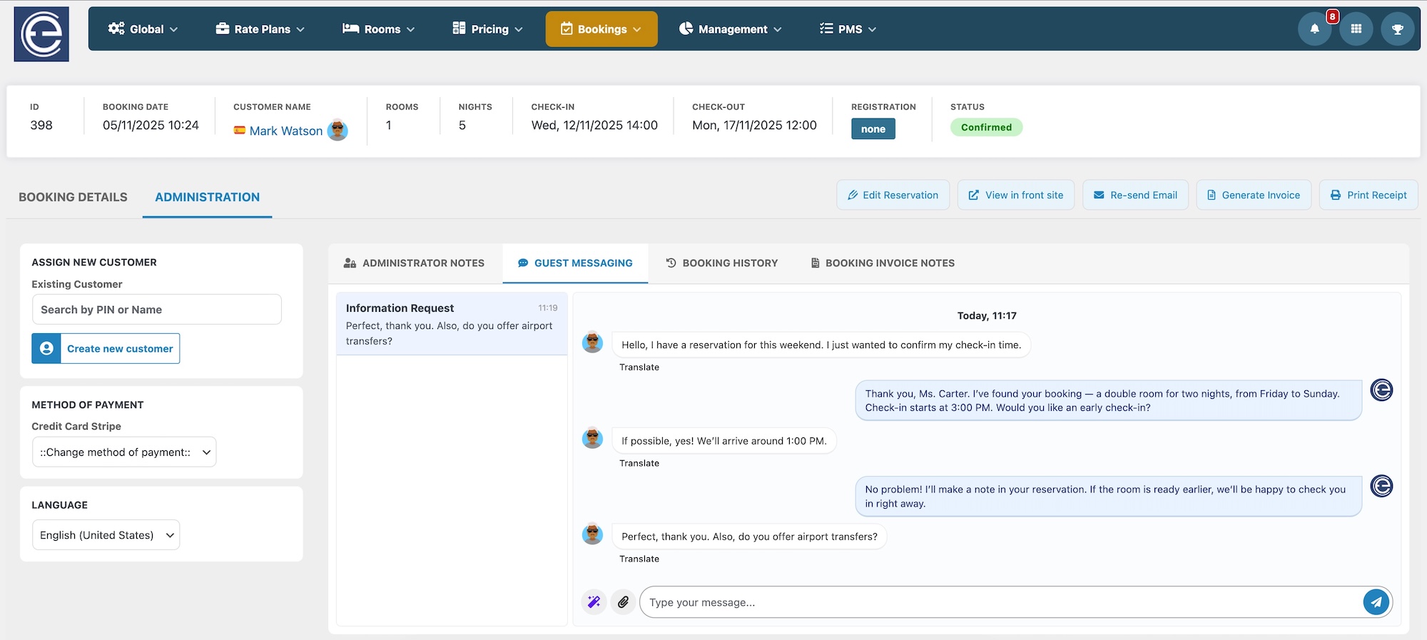 Vik Booking Reservation Details Guest Messages Vacation Rentals Screenshot of a reservation details in Vik Booking
