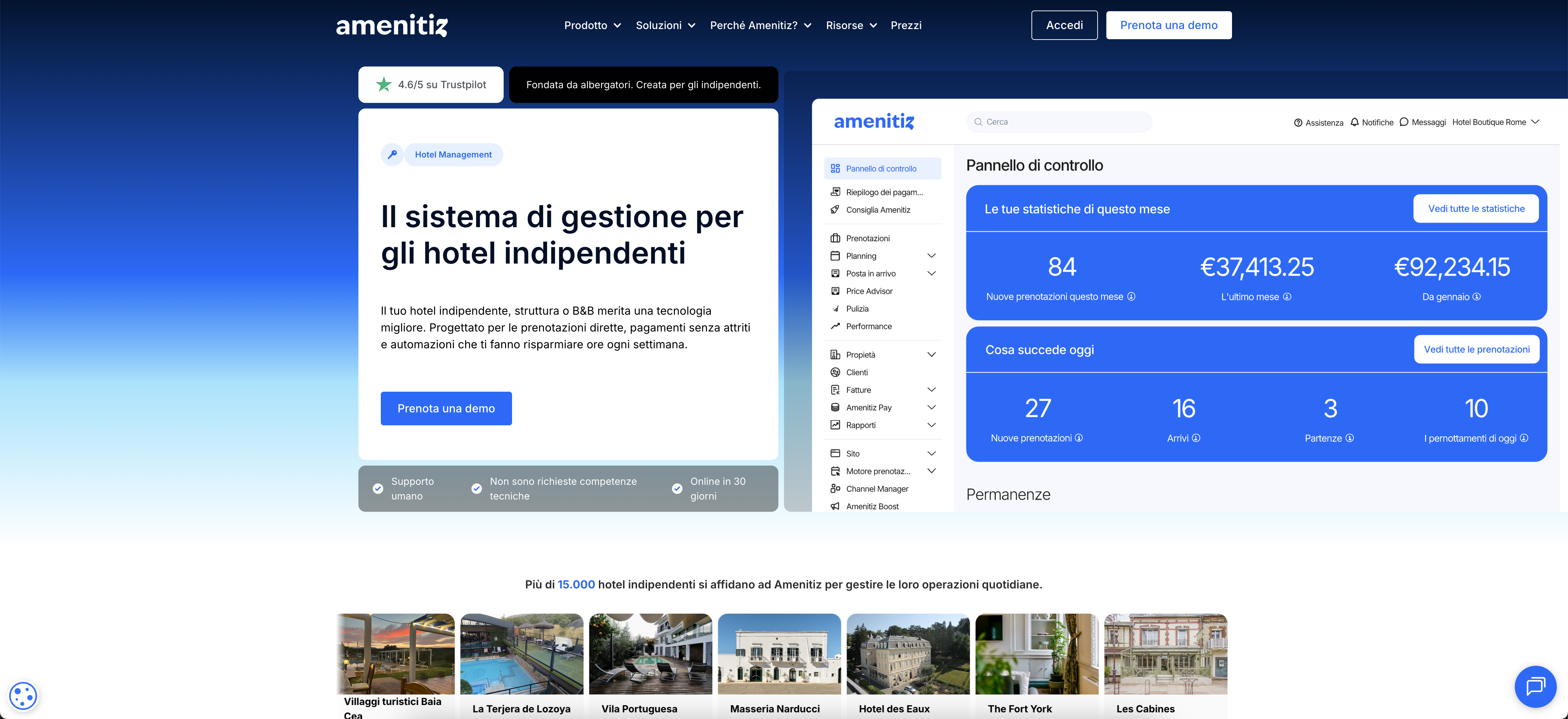 Homepage di Amenitiz Confronto dei software: homepage del sito web di Amenitiz