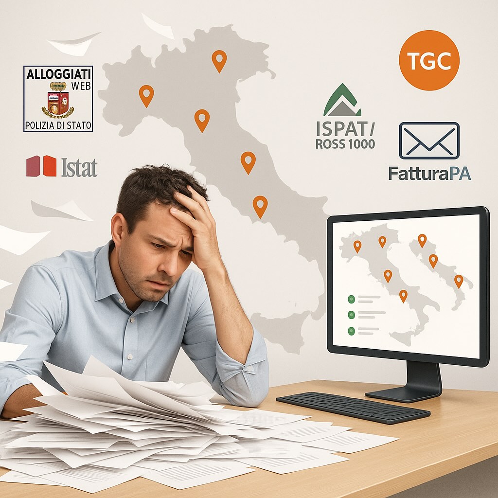 Digitalizzazione completa per B&B: schedine alloggiati, ISTAT e fatture elettroniche con il PMS e4jConnect. Persona sommersa da scartoffie con mappa dell’Italia, a simboleggiare la complessa gestione digitale di schedine alloggiati, report ISTAT e fatturazione elettronica per B&B.