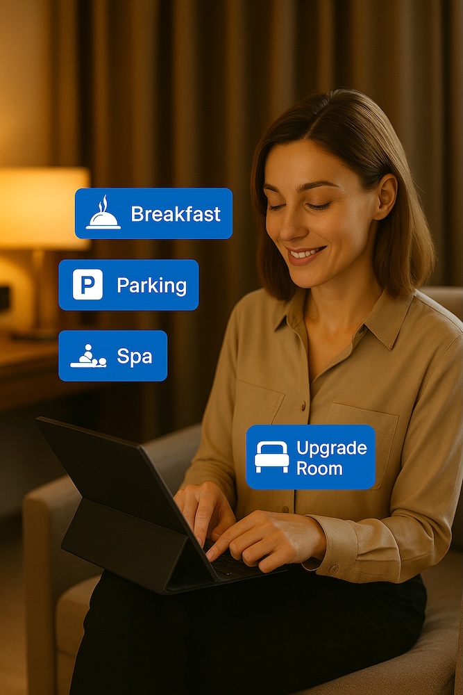 Upsell hotel extras via email to boost revenue and guest experience Hotel guest receiving upsell email for booking extras like breakfast and spa