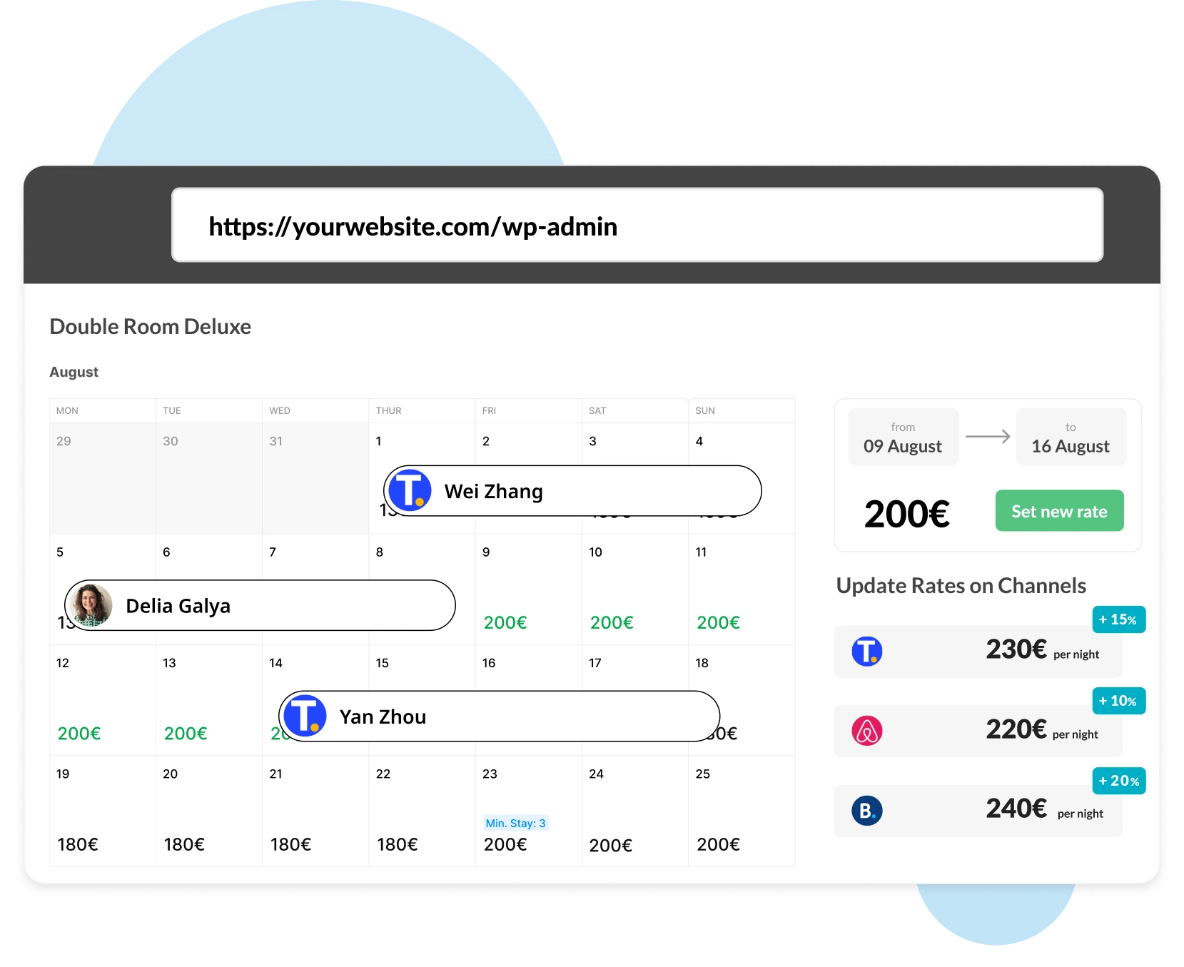 E4jConnect dashboard showing Trip.com bookings synced into the calendar alongside Airbnb and Booking.com, with automatic rate markup per channel