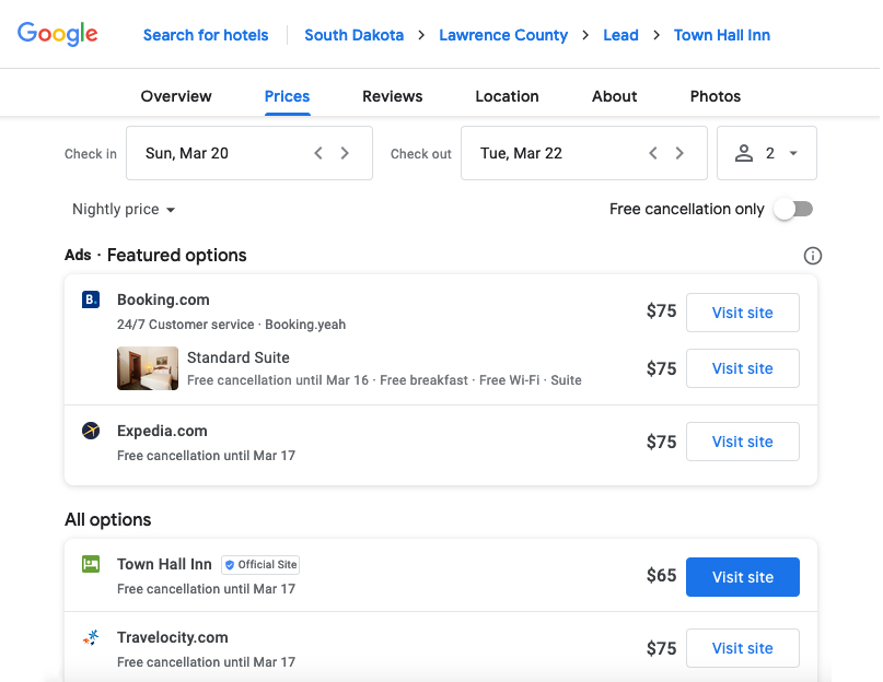 Google Travel Hotel Search availability