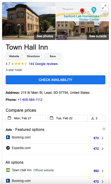 Google Hotel search results