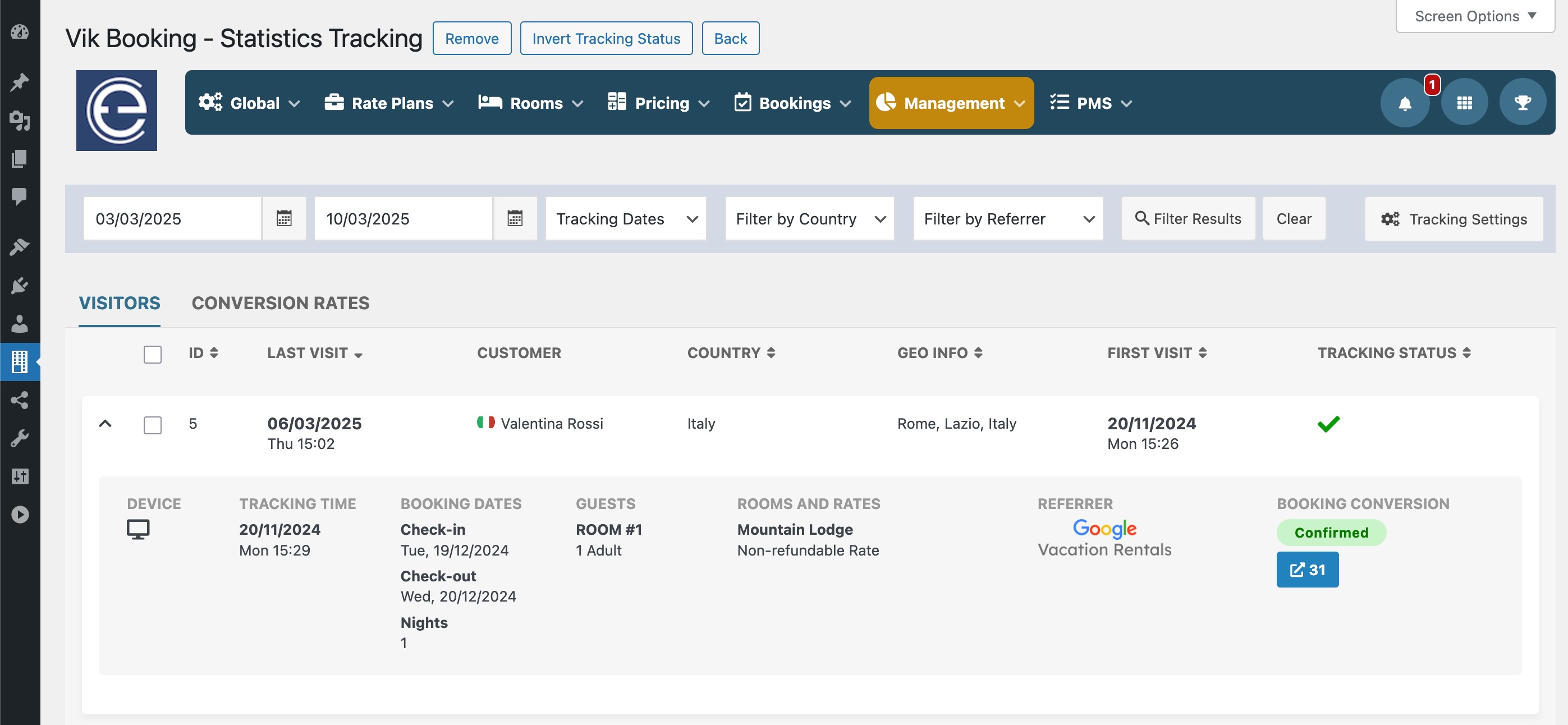 Google Hotel statistics tracking WordPress